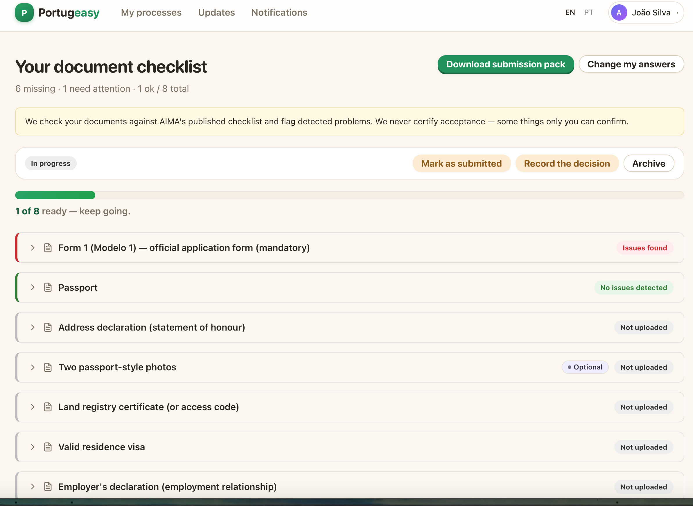 Your Portugeasy document checklist — each item checked and problems flagged before you submit