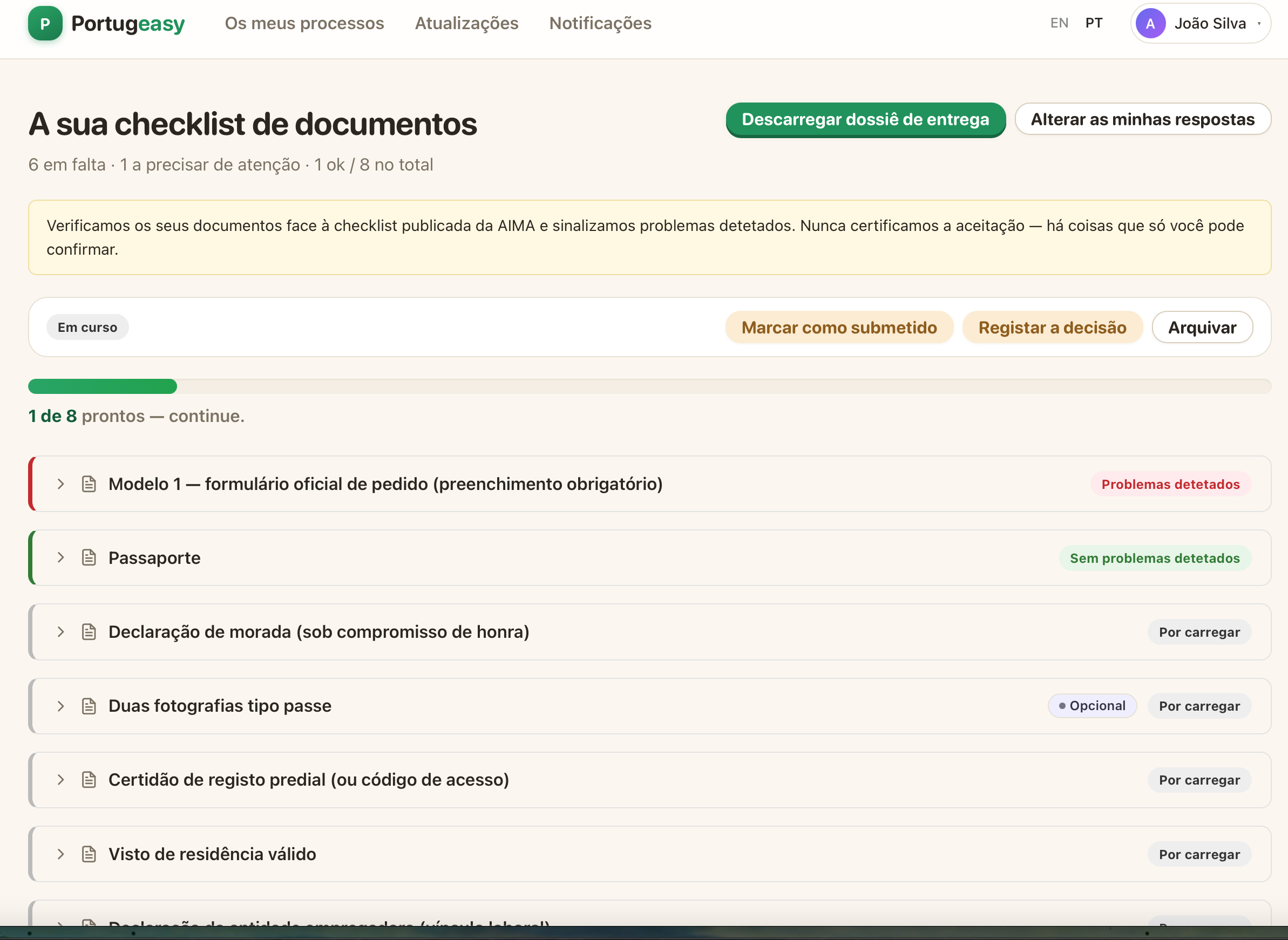 A sua checklist de documentos na Portugeasy — cada item verificado e os problemas sinalizados antes de submeter